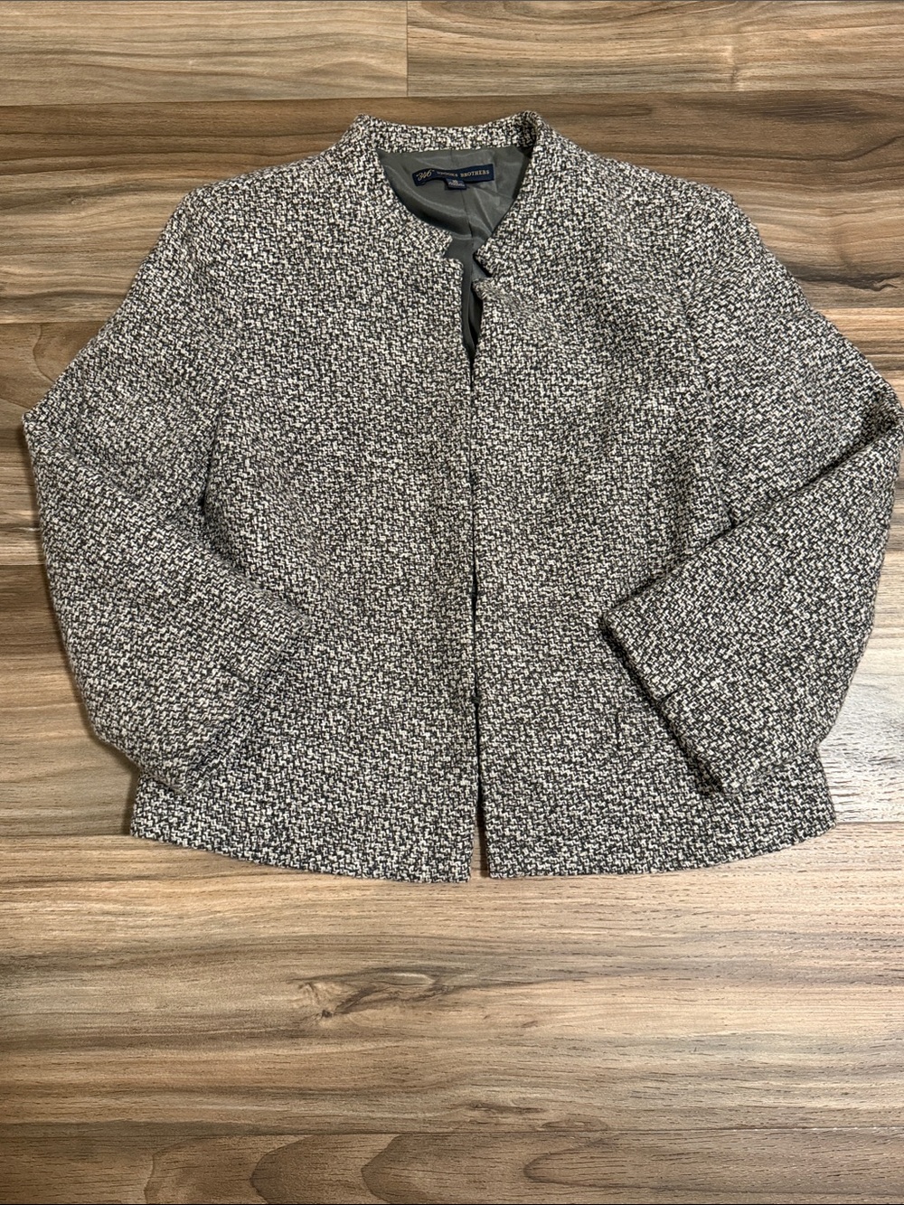 Brooks Brothers Speckled Gray White Tweed Wool Blend Collarless Jacket Women 10